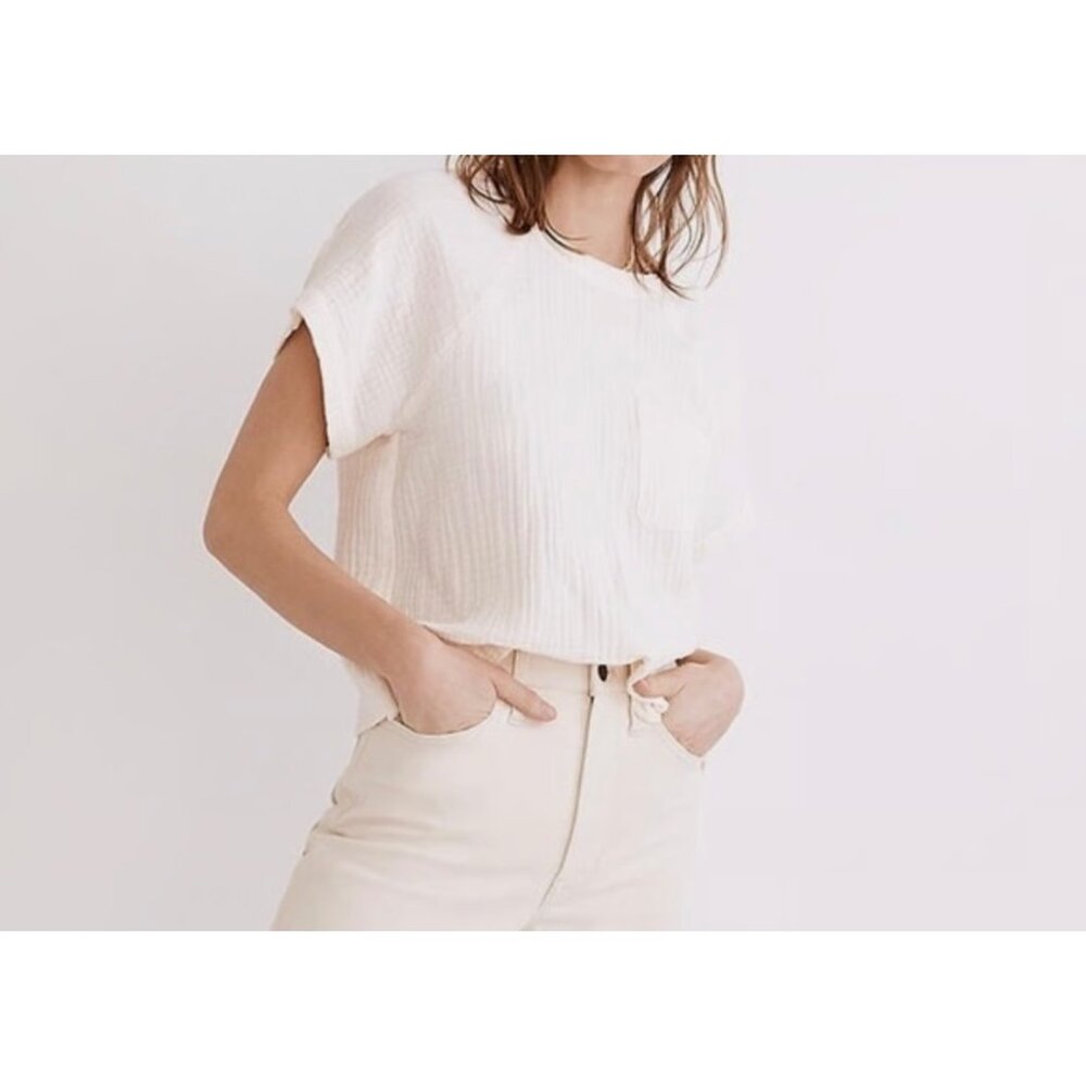 Madewell Cotton Gauze Blouse Short Dolman Sleeves Chest Pocket V Back White Sz L